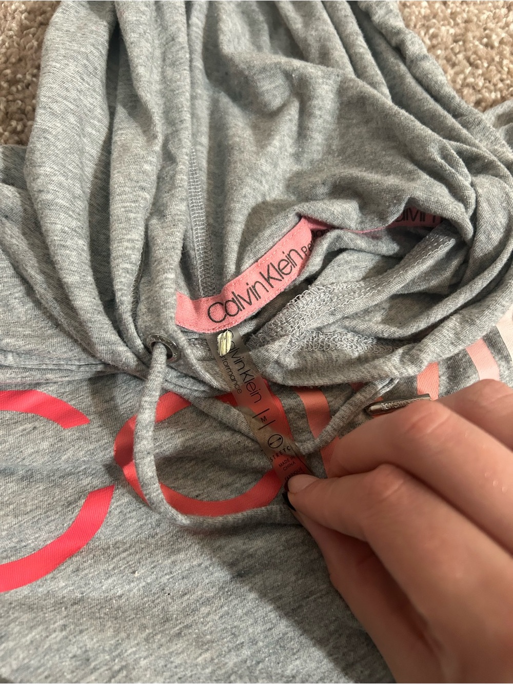 Calvin Klein Performance Light Gray Hoodie with Pink Logo